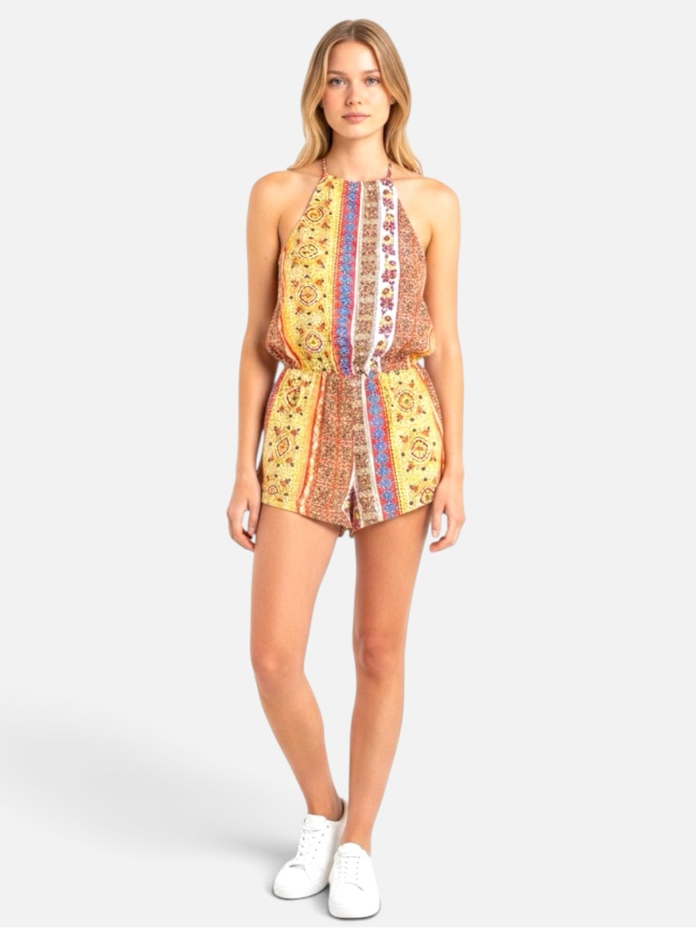 Honey Belle Backless Multi-Color Halter Romper | Women’s M